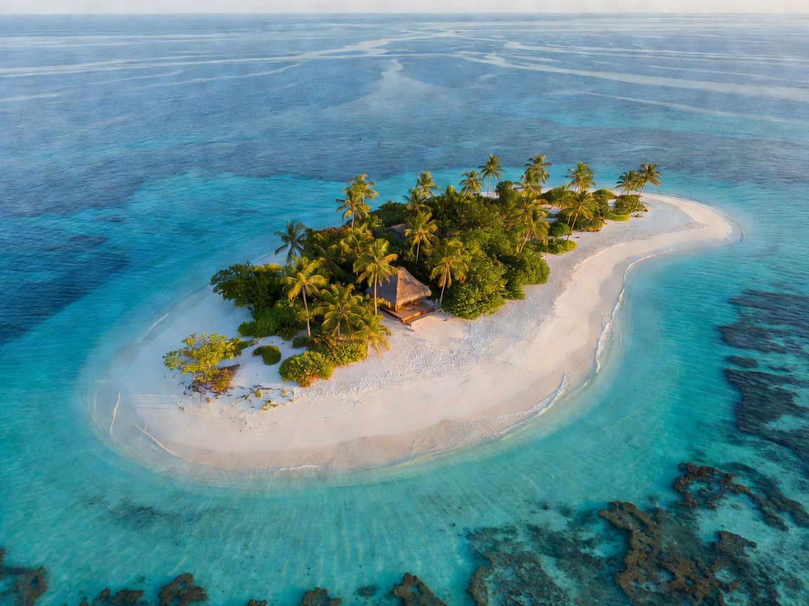 Aerial view of a secluded private island in tropical waters