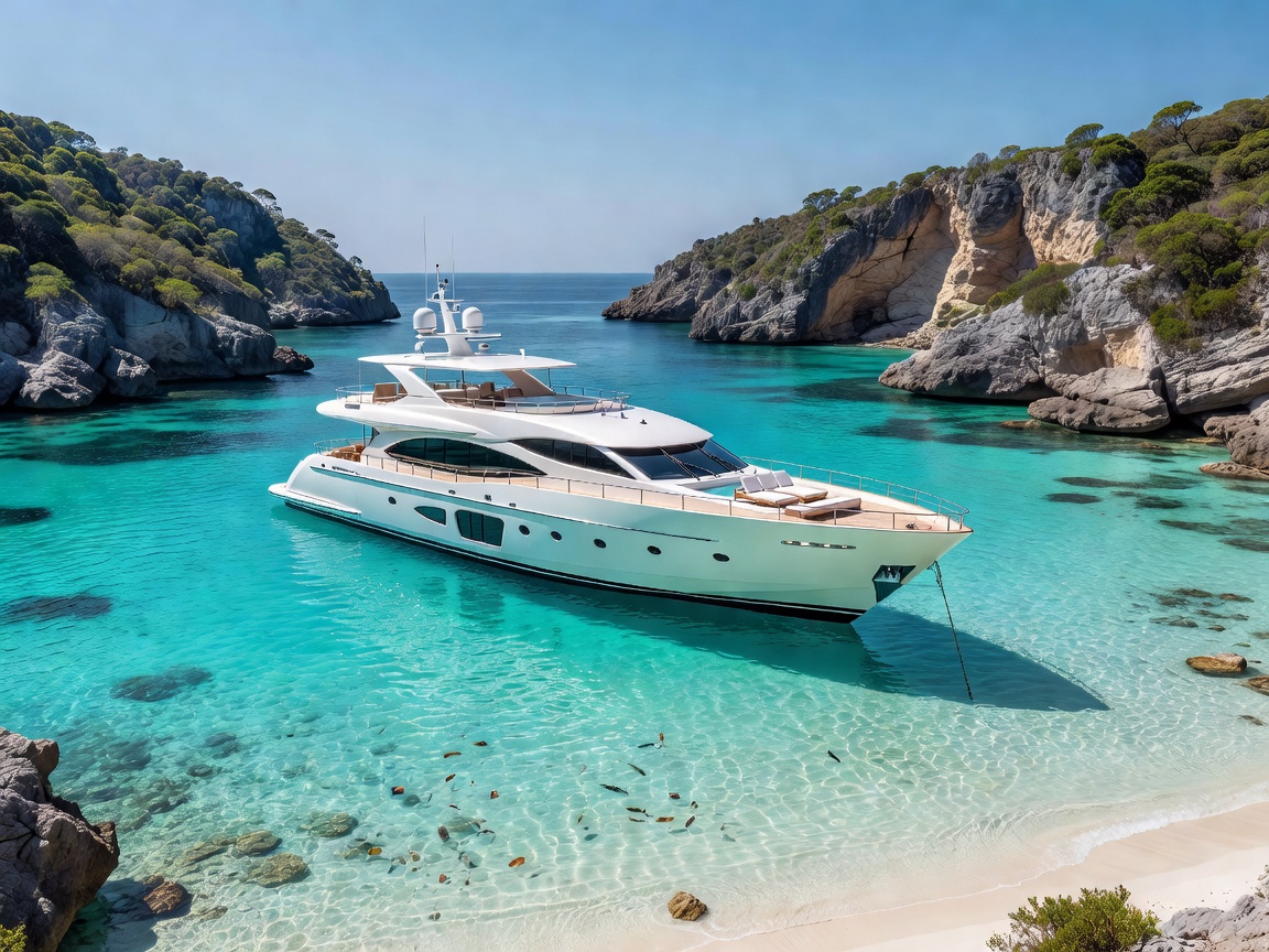 Luxury yacht anchored in crystal clear turquoise cove