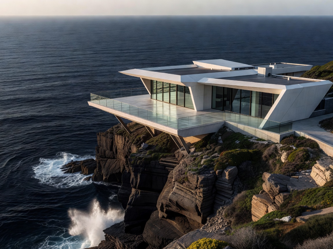 Ultra modern coastal villa perched on cliffs overlooking deep ocean